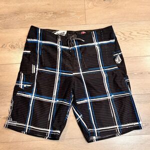 Volcom Boardies Mens 36‎ Black Plaid 2 Way Stretch Swim Trunks Surf Shorts